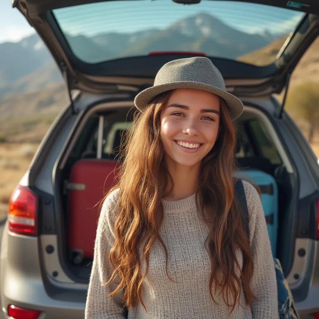 Foto de mujer argentina junto a auto familiar